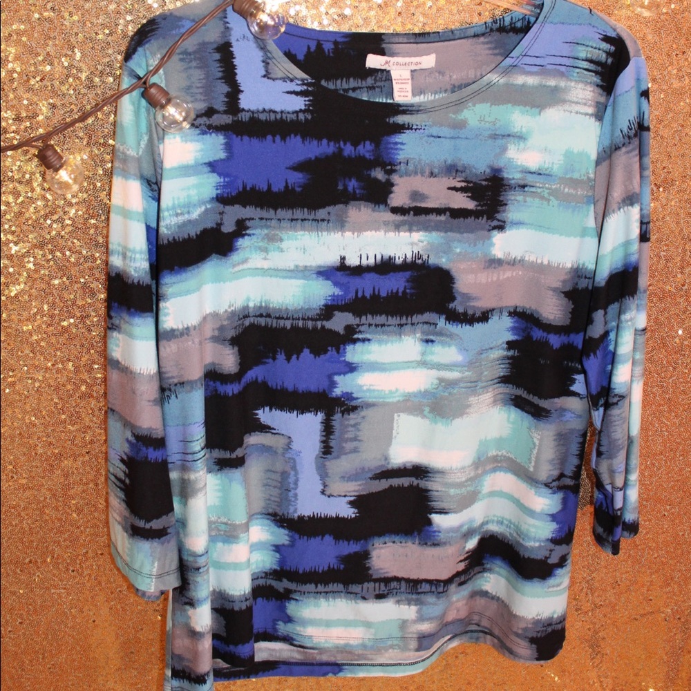 JM Collection Blue Brushstroke Blouse